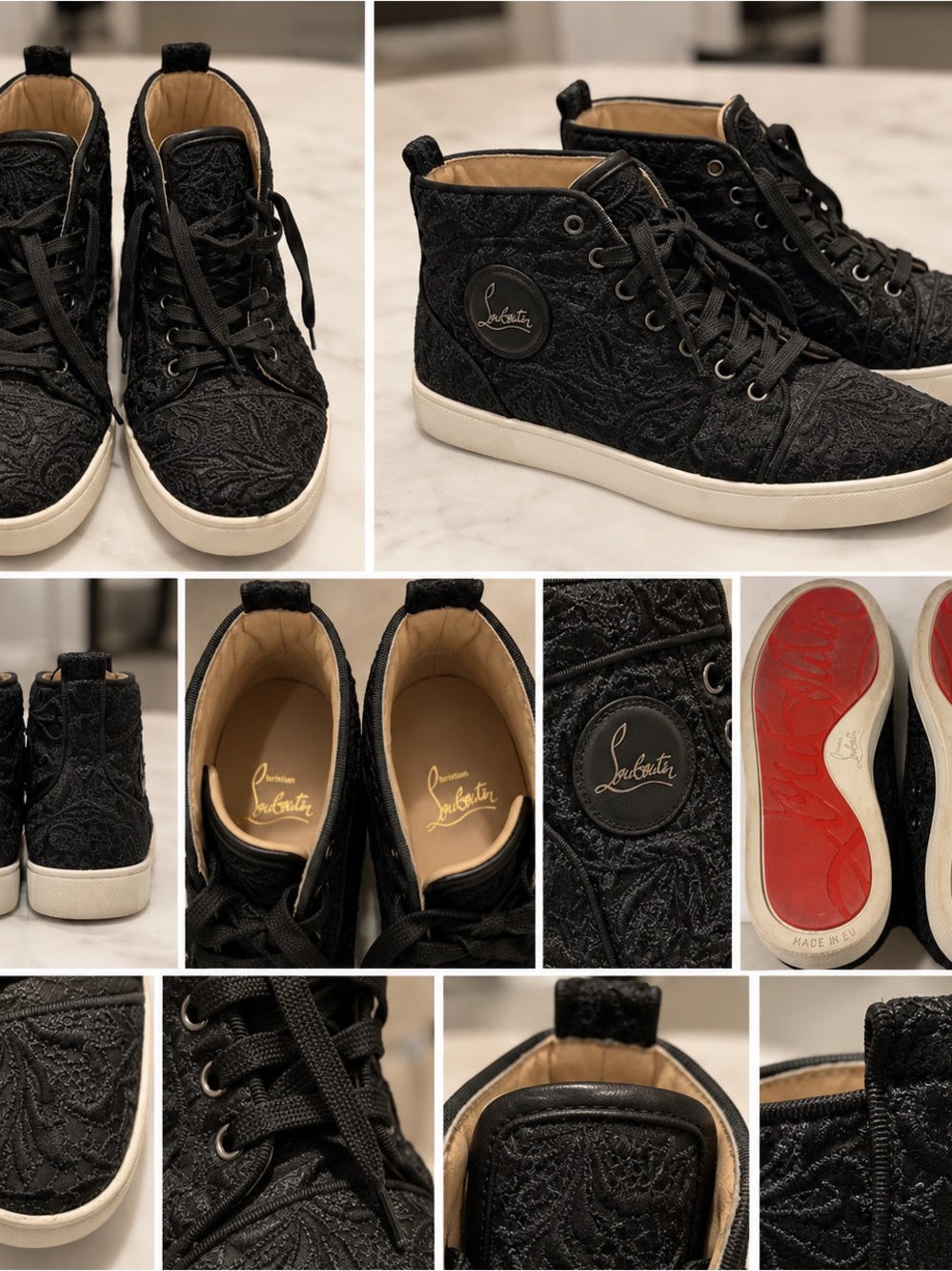 Christian Louboutin Black Embossed High-Top Sneakers with Red Sole